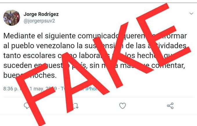 suspensión-actividades laborales-actividades escolares-Jorge Rodriguez-Fake News