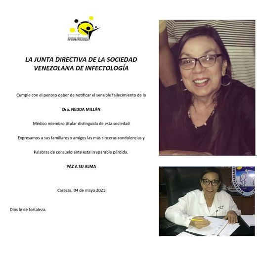 La Sociedad de Infectología destacó la trayectoria de Nedda Millán, quien atendió casos de COVID-19 en Venezuela