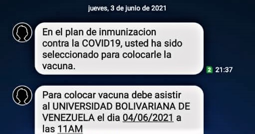 Así son los mensajes enviados por el sistema con la convocatoria para la vacunación | Foto cortesía