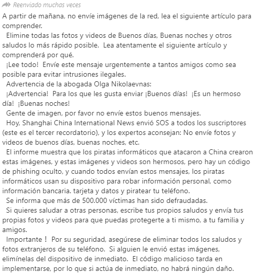 Cadena que indica que no se deben enviar "a partir de mañana" mensajes de "buenos días" o similares