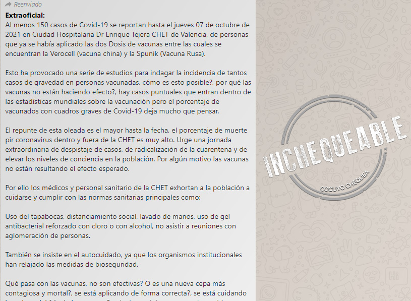 Cadena dice que supuestamente ingresaron hasta el 7 de octubre más de 150 personas a la CHET con doble vacunación contra el COVID-19