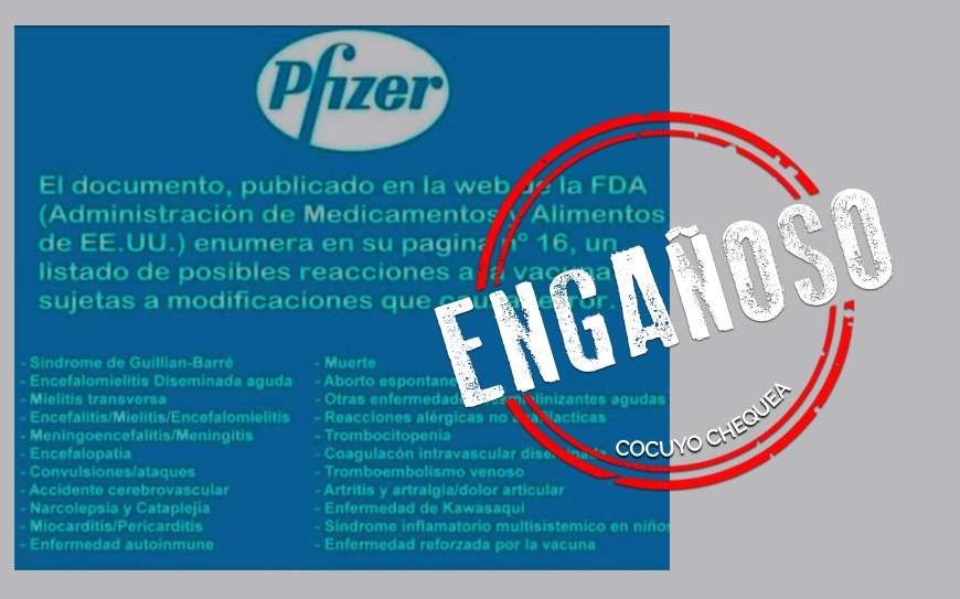 Imagen que lista supuestas reacciones a la vacuna de Pfizer que fueron sacadas de contexto