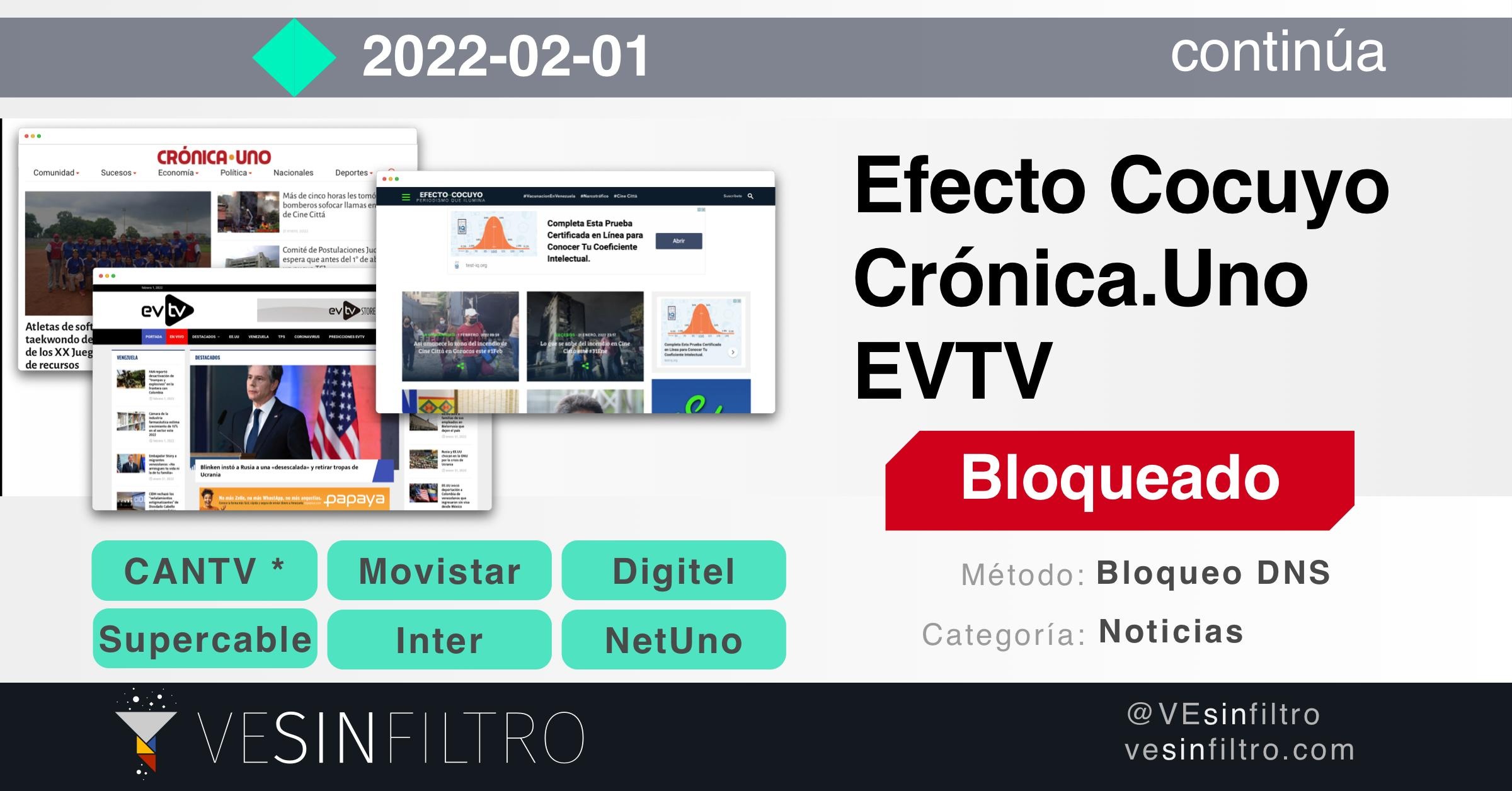Venezuela Sin Filtro registra bloqueos contra Efecto Cocuyo, Crónica Uno y EVTV Miami