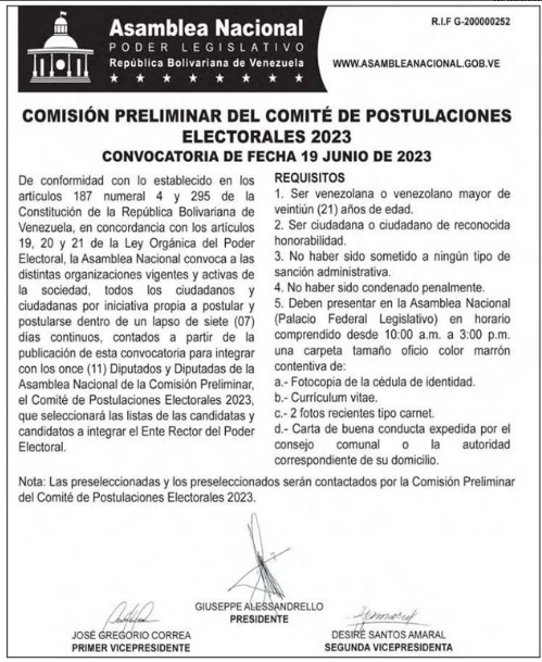 AN de 2020 convoca a miembros de sociedad civil para completar Comité de Postulaciones Electorales