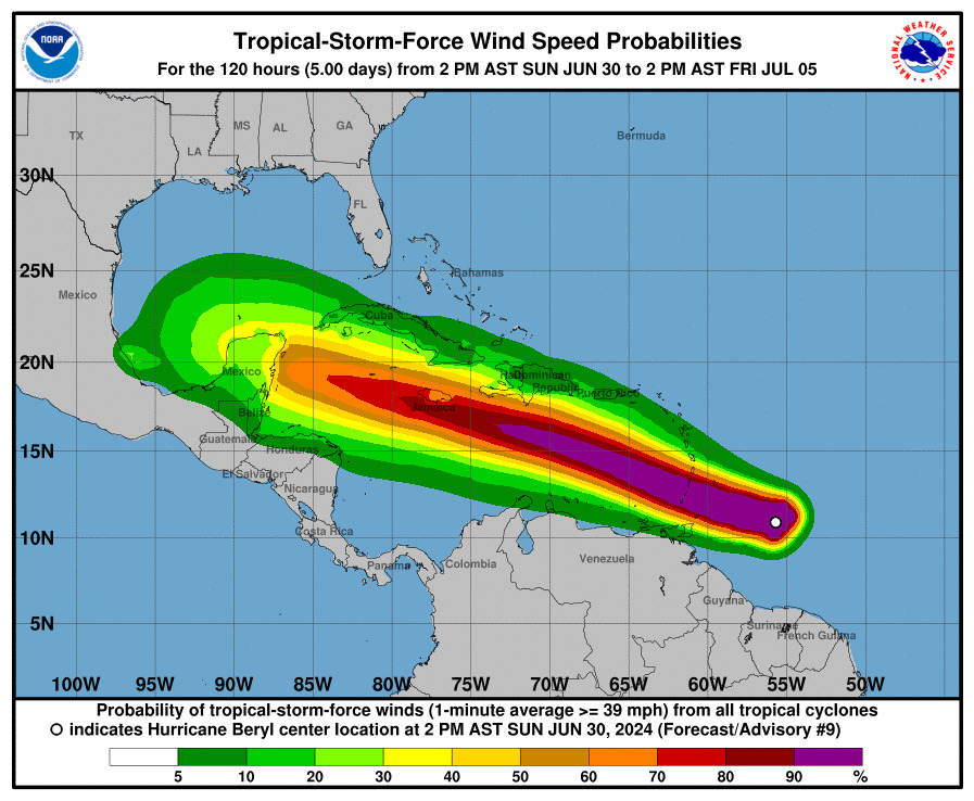 Huracán Beryl, de categoría 4, dejará "vientos potencialmente mortales", alerta el NHC