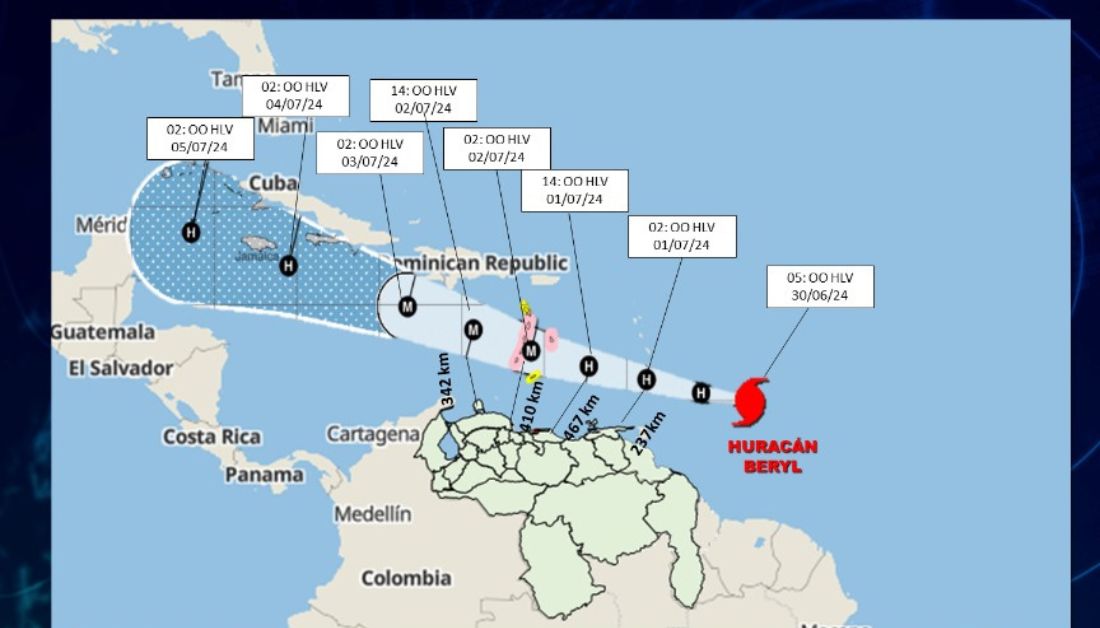Huracán Beryl de categoría 3 pasará frente a más de 200 kilómetros de costas venezolanas