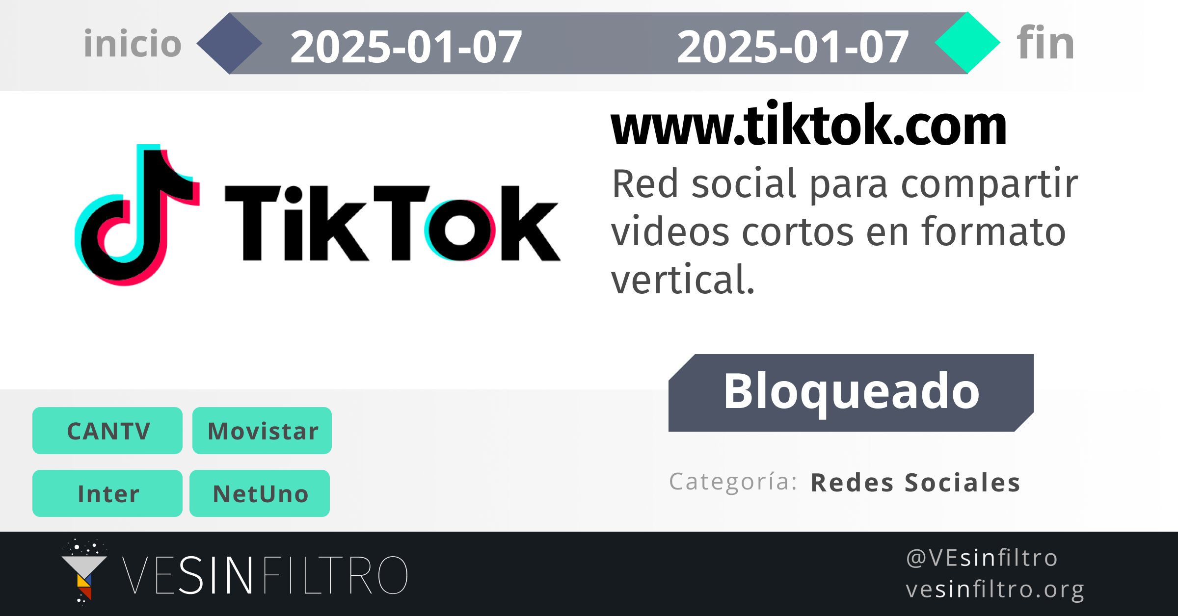 VE Sin Filtro reporta bloqueo de Tik Tok por seis horas este 7 de enero