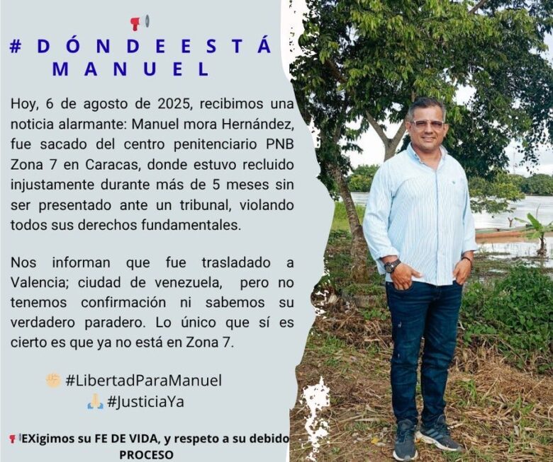Vente Venezuela denuncia traslado de preso político Manuel Mora de Caracas a Valencia